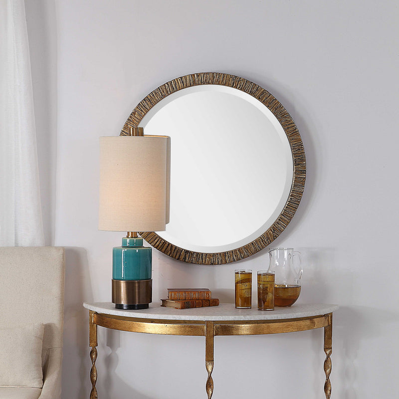Gold Wayde Bark Round Mirror by Uttermost, wall mirror with textured bark design, circular shape, and elegant gold finish.