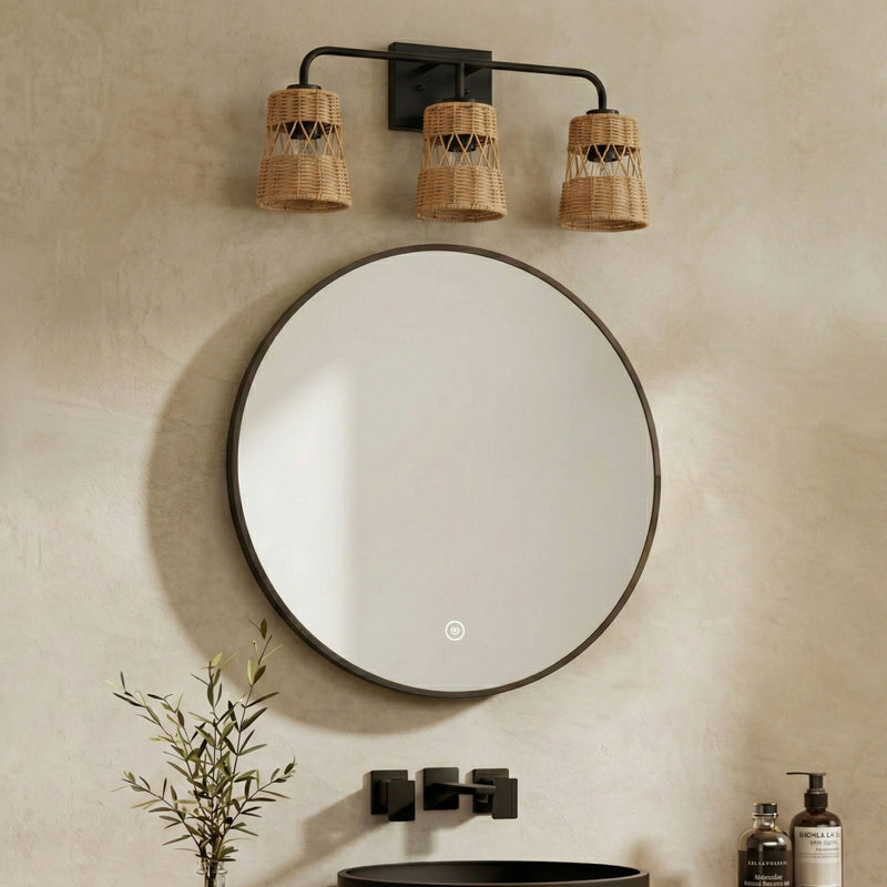 Moonlit - 3 Lights Wall Sconce With Shade, Bathroom Lighting Fixtures Over Mirror - Black / Rattan - R&R Furniture Gallery (Fountain Valley, CA)