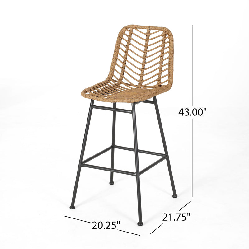 Noble House Sawtelle outdoor wicker barstools set of 2 with cushioned seats and metal frames, perfect for patio or outdoor dining.