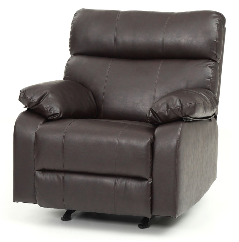 Glory Furniture modern design rocker recliner with plush upholstery and curved armrests, ideal for relaxing in the living room.