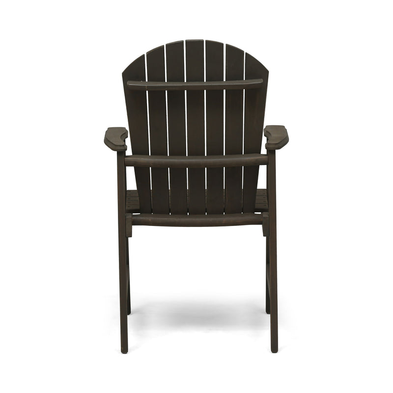 Set of two Noble House outdoor weather-resistant acacia wood Adirondack dining chairs, showing a classic slatted design.