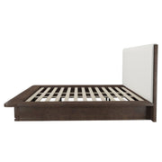 ACME Zoey upholstered bed with a padded headboard and neutral fabric, showcasing a stylish and comfortable bedroom centerpiece.
