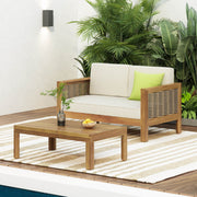 Noble House outdoor patio set with teak loveseat and coffee table, beige cushions, perfect for outdoor seating and relaxation.