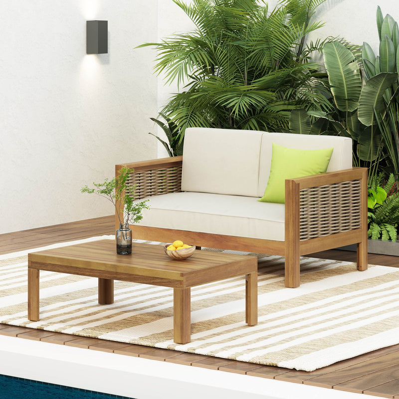 Noble House outdoor patio set with teak loveseat and coffee table, beige cushions, perfect for outdoor seating and relaxation.