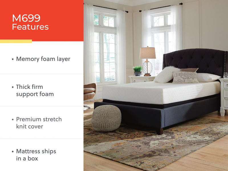Sierra Sleep® by Ashley 10-inch firm memory foam mattress with chime design, showcases plush surface and supportive foam layers.