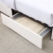 House & Home Furniture Liv upholstered storage platform bed with built-in drawers and padded headboard, modern bedroom furniture.