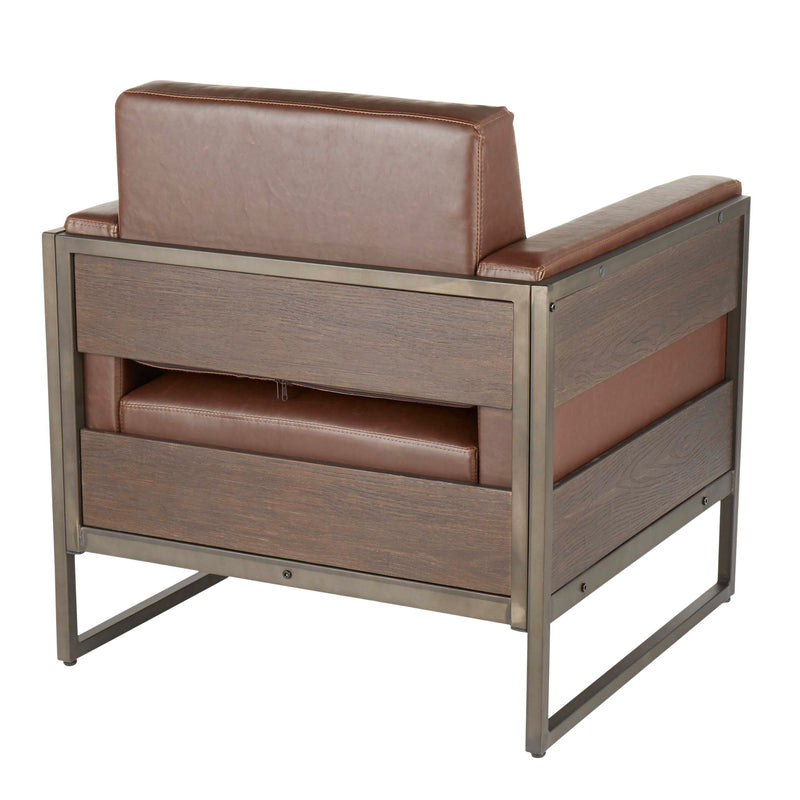 Lumi Source Drift industrial lounge arm chair in espresso with metal frame and cushioned seat, modern industrial style.