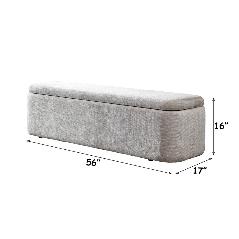 Gray ACME Orane storage bench with cushioned seat and built-in storage compartment, ideal for entryways or living rooms.