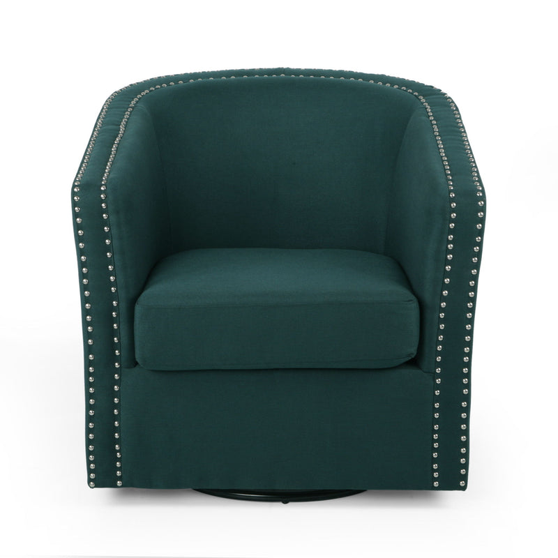 Noble House modern upholstered swivel club chair with nailhead trim, featuring a plush fabric seat and dark wooden base.