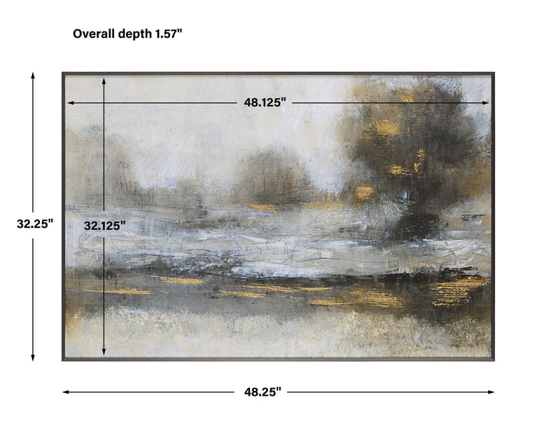 Uttermost Gilt Misty Landscape framed canvas art with pearl silver finish, showcasing a serene, abstract landscape scene.
