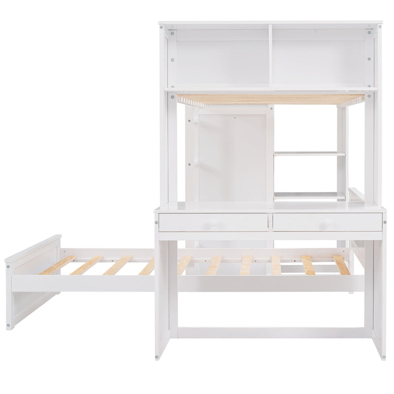 DreamHaus loft bed with a standalone bed, shelves, desk, and wardrobe, showcasing a compact, multi-functional bedroom furniture setup.