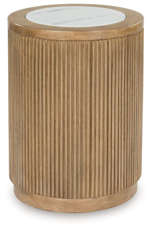Camdill - Round End Table - Light Brown / White - R&R Furniture Gallery (Fountain Valley, CA)