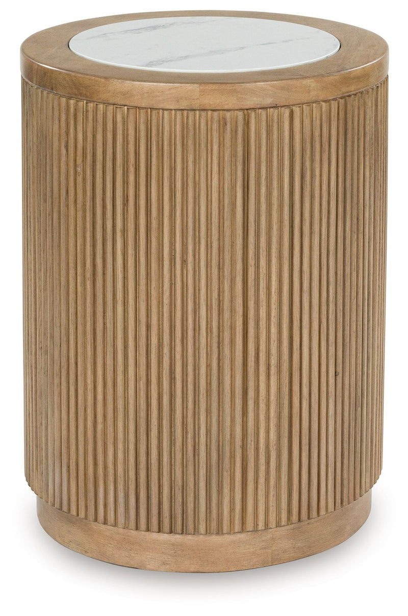 Camdill - Round End Table - Light Brown / White - R&R Furniture Gallery (Fountain Valley, CA)