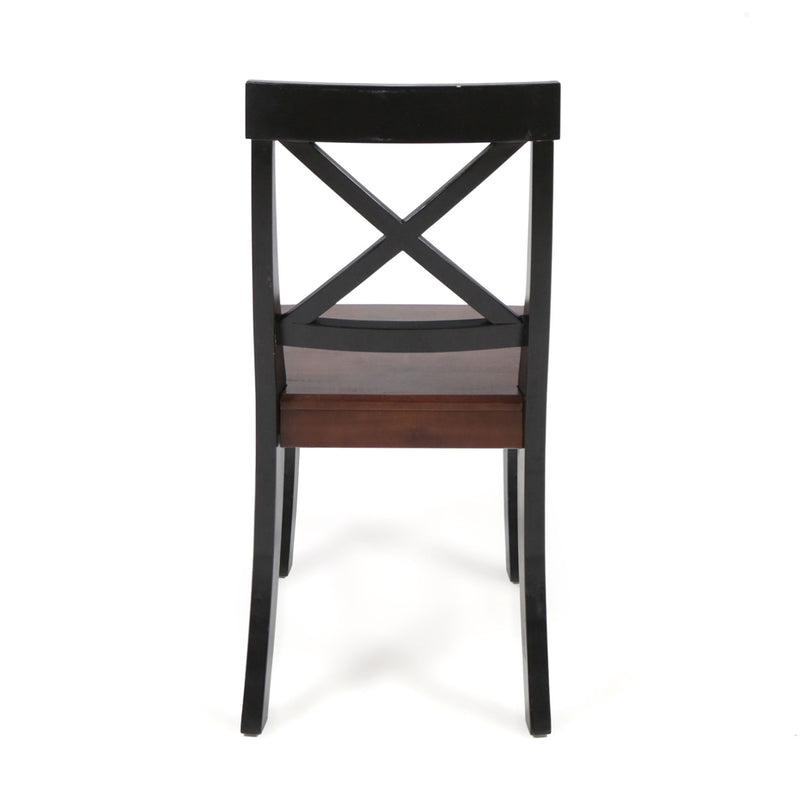 Set of two Noble House Plethora dining chairs with X-shaped back and sleek wooden legs, modern and stylish for dining rooms.