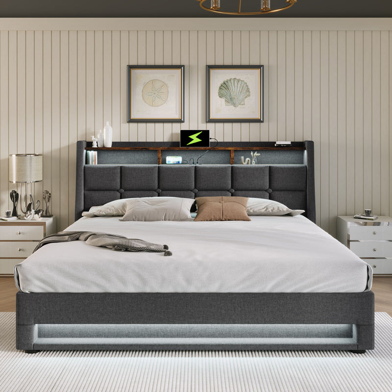 Upholstered Platform Bed With A Hydraulic Storage System, LED And USB Charging (Without Mattress) - R&R Furniture Gallery (Fountain Valley, CA)