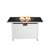 White outdoor rectangular fire pit table with adjustable flame control, 43 inches long, from LSI Patio Furniture.