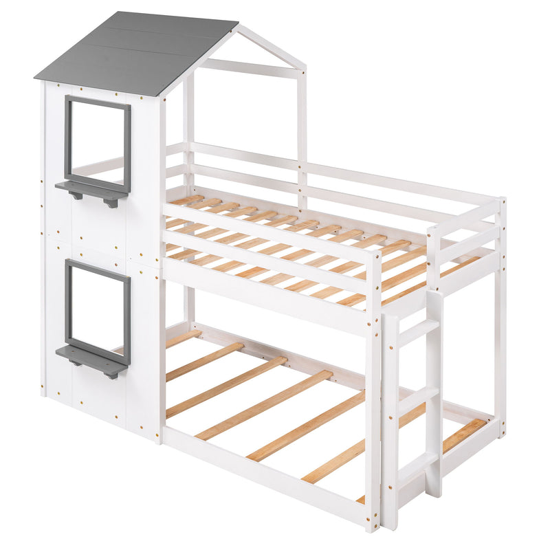 Wood bunk bed with roof, window, guardrail, and ladder by DreamHaus, showcasing a sturdy design with safety features.