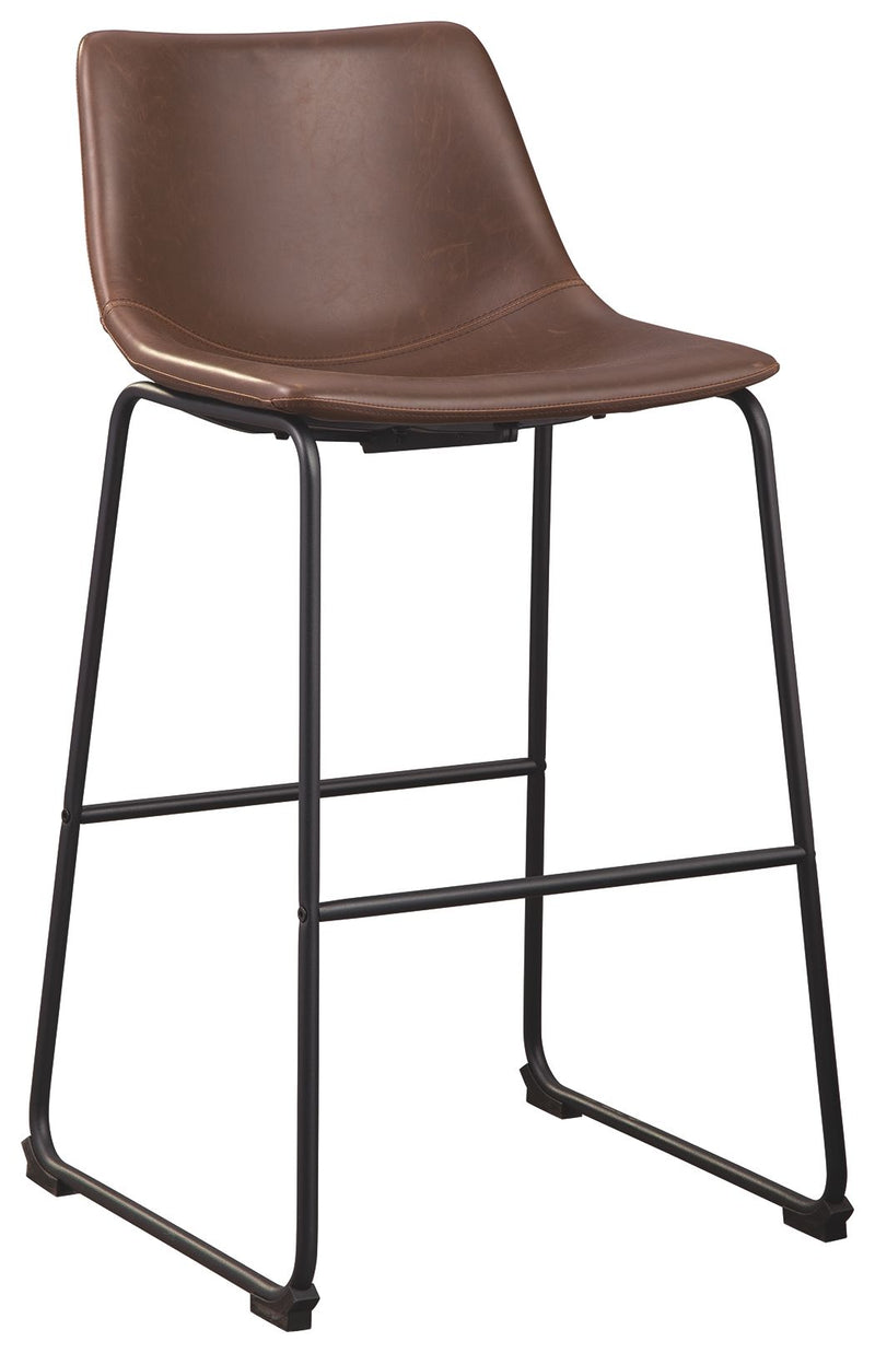 Set of two Signature Design by Ashley Centiar upholstered barstools with cushioned seats and wooden legs.