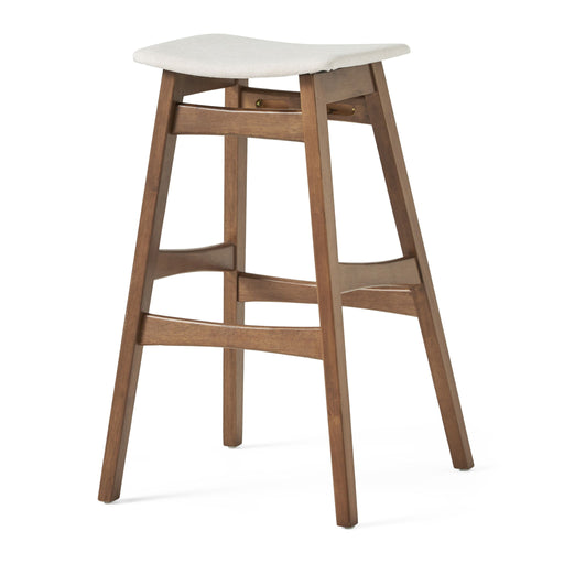 Noble House mid-century modern bar stool set with upholstered seating, featuring sleek wooden legs and comfortable cushioned seats.