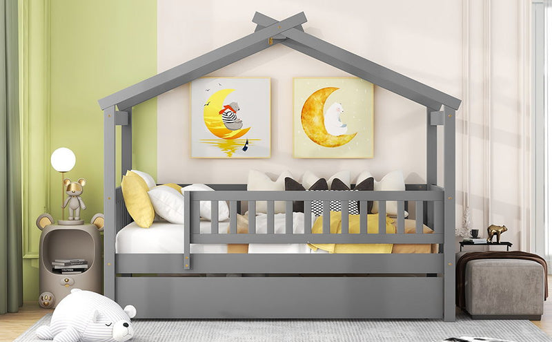 DreamHaus creativity house bed with twin size trundle, featuring a playful house design and convenient pull-out bed for extra sleeping space.