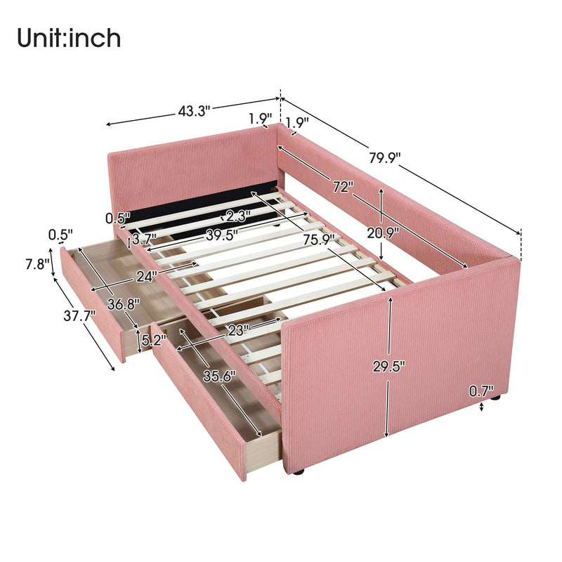 Halcyon Home storage daybed with two drawers and wood slat design, showcasing a sturdy frame and functional storage space.