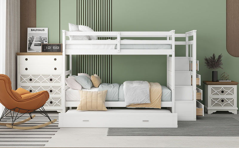 White DreamHaus twin over twin bunk bed with trundle and staircase, showing the sturdy frame, staircase, and additional sleeping space.