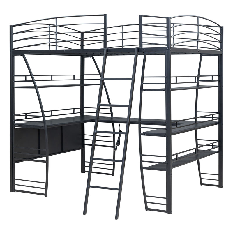 Loft Bed With 4 Layers Of Shelves And L-Shaped Desk, Stylish Metal Frame Bed With A Set Of Sockets, USB Ports And And Wireless Charging - R&R Furniture Gallery (Fountain Valley, CA)