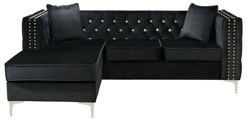 Glory Furniture Paige stationary sectional sofa with chaise, featuring plush cushions and modern design in a living room setting.