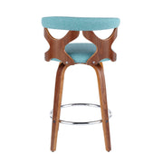 Set of two Lumi Source Gardenia mid-century modern counter stools with wooden legs and upholstered seats.