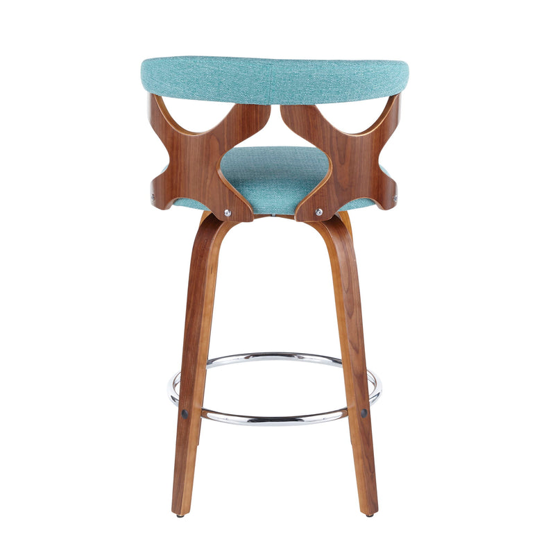 Set of two Lumi Source Gardenia mid-century modern counter stools with wooden legs and upholstered seats.
