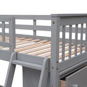DreamHaus bunk bed with six drawers, flexible shelves, and a bottom bed on wheels, featuring a sturdy wooden frame and modern design.