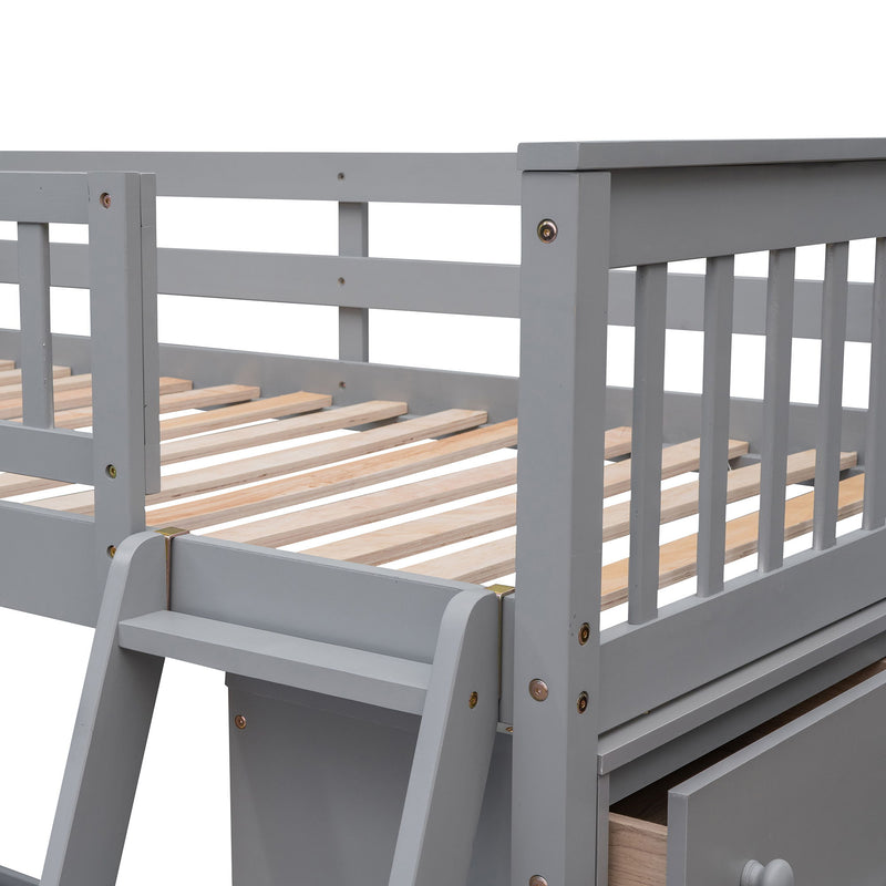 DreamHaus bunk bed with six drawers, flexible shelves, and a bottom bed on wheels, featuring a sturdy wooden frame and modern design.