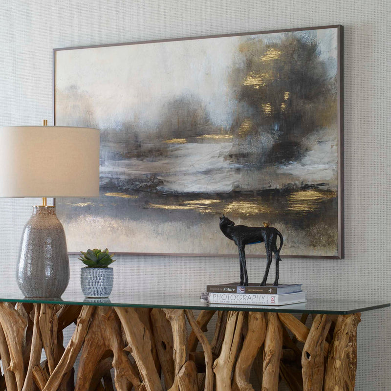 Uttermost Gilt Misty Landscape framed canvas art with pearl silver finish, showcasing a serene, abstract landscape scene.