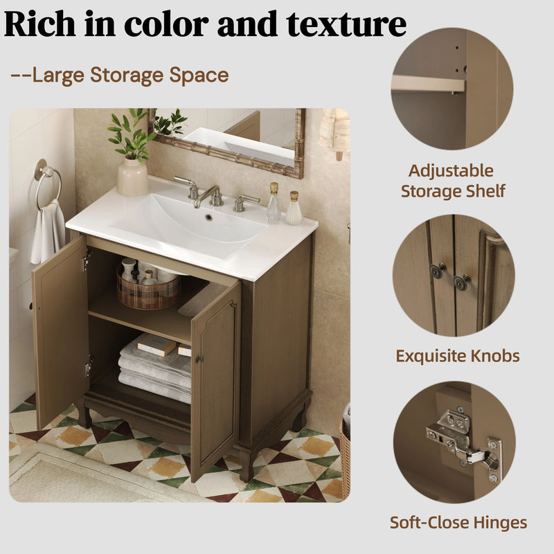 Vintage Bathroom Vanity With Ceramic Sink, Adjustable Shelves