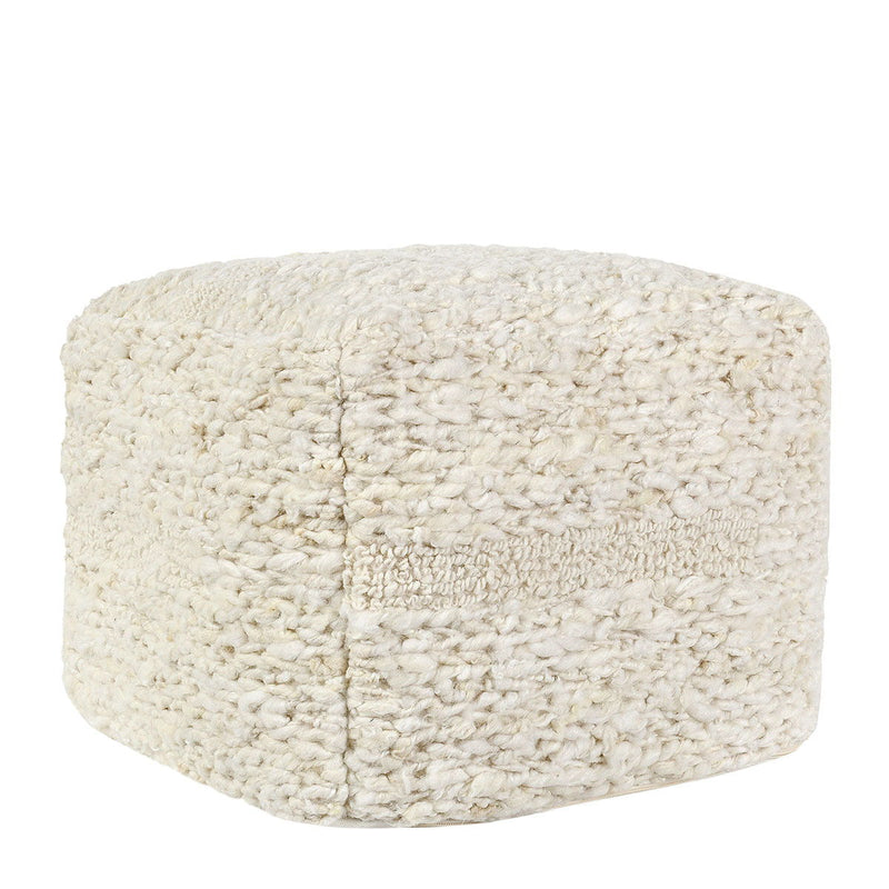 Ivory Sinclair accent pouf by Classic Home, soft fabric upholstery, round shape, and compact design for versatile seating.