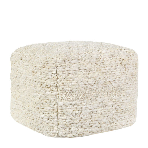 Ivory Sinclair accent pouf by Classic Home, soft fabric upholstery, round shape, and compact design for versatile seating.