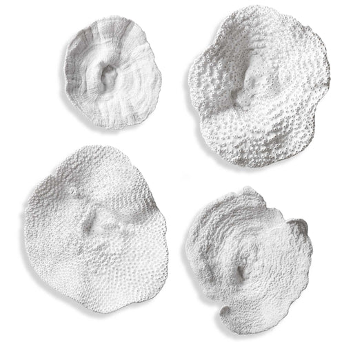 Uttermost Sea Coral wall art set of 4 in white, natural coral-inspired ceramic wall decor with textured, organic designs.