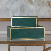 Pair of emerald green Uttermost Karis boxes set, decorative baskets with sleek design for storage and style.