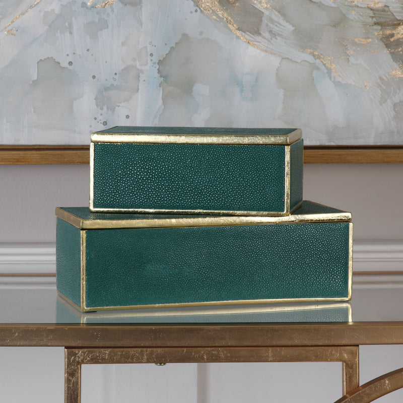 Pair of emerald green Uttermost Karis boxes set, decorative baskets with sleek design for storage and style.
