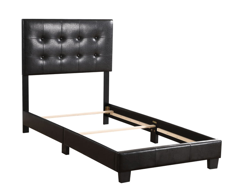 Upholstered Caldwell bed by Glory Furniture with plush fabric and a modern design, shown in a cozy bedroom setting.