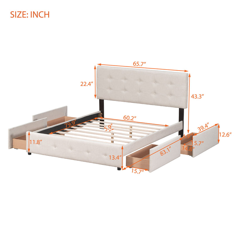 DreamHaus upholstered platform bed with classic headboard and built-in storage drawers, no box spring needed, in a modern bedroom setting.