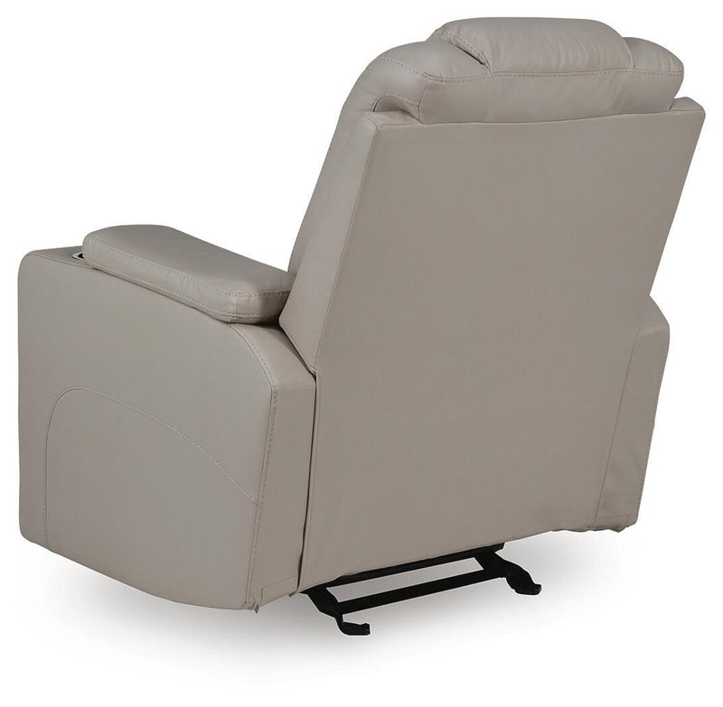 Signature Design by Ashley Elevate Edges Glider Recliner in Coin fabric, featuring plush cushioning and smooth gliding mechanism.