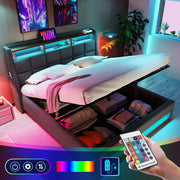 Artistry At Home upholstered platform bed with hydraulic storage, LED lighting, and USB charging ports, without mattress.