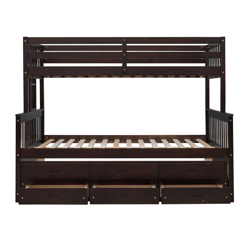 DreamHaus bunk bed with twin size trundle and built-in drawers, featuring a sturdy wooden frame and space-saving design.