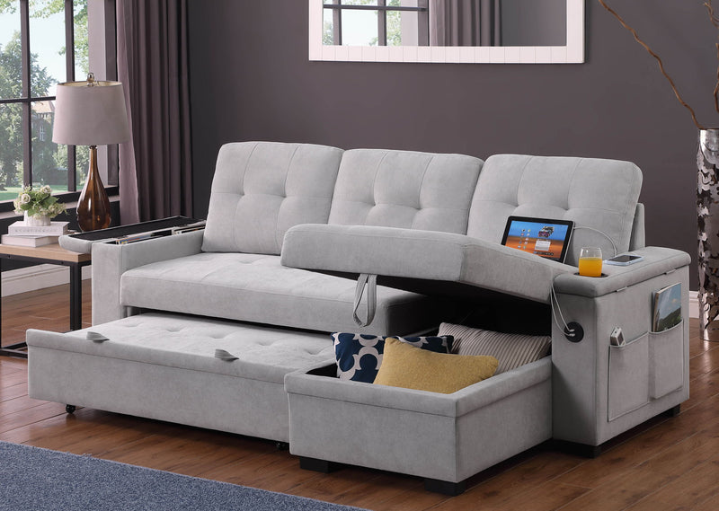 Ashlyn II - 84"W Woven Fabric Reversible Sleeper Sectional Sofa with Storage Chaise - R&R Furniture Gallery (Fountain Valley, CA)