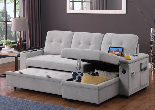 Ashlyn II - 84"W Woven Fabric Reversible Sleeper Sectional Sofa with Storage Chaise - R&R Furniture Gallery (Fountain Valley, CA)