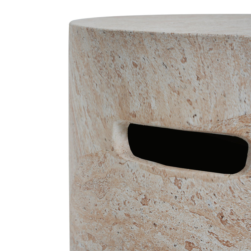 Modern Concrete Side Table With Travertine, Indoor / Outdoor Use - Beige - R&R Furniture Gallery (Fountain Valley, CA)