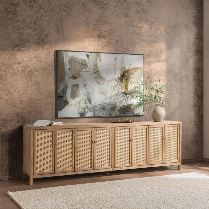 Classic Home Alvin 8-door cabinet in Sandy Cove finish, showcasing its spacious buffet design with wood grain details.