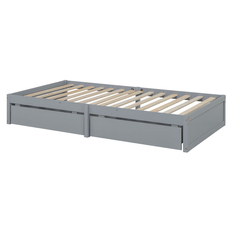 DreamHaus storage daybed with fence guardrails, two drawers, and convertible design for independent floor bed and daybed use.