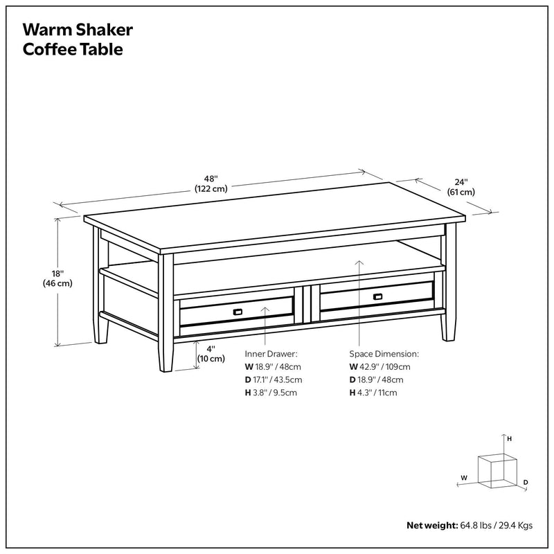 Handcrafted Warm Shaker coffee table by Simpli-Home featuring a natural wood finish and sturdy rectangular design.